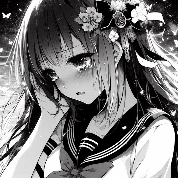 Cô gái anime đen trắng vuốt tóc, đôi mắt đỏ hoe.