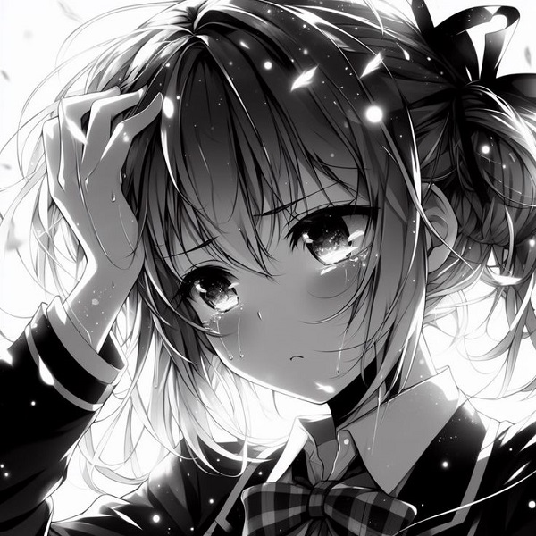 Sad girl anime che mắt bằng tay, cố giữ bình tĩnh.
