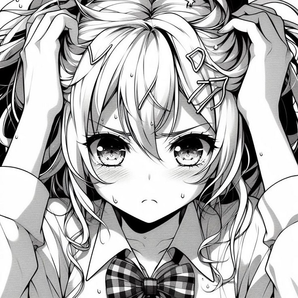 Cô gái anime đen trắng nhìn xa, đôi mắt rưng rưng.