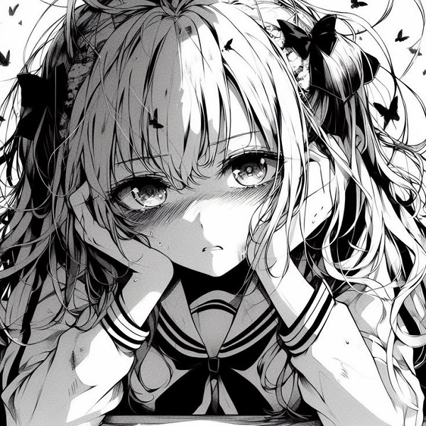 Sad girl anime tóc xoăn khóc nấc, nước mắt tràn má.