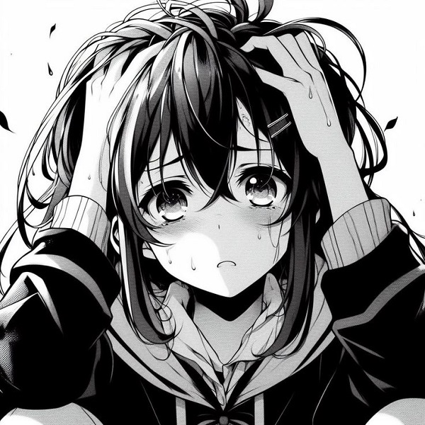 Cô gái anime ôm đầu gối, khóc trong tuyệt vọng.