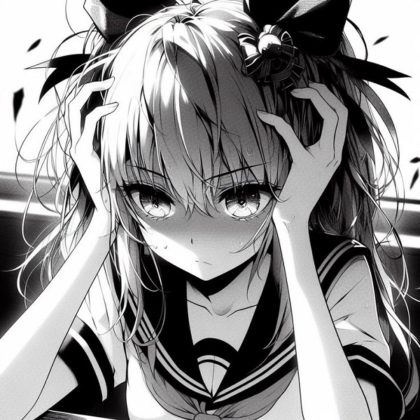 Sad girl anime cố gượng cười nhưng gương mặt đầy đau khổ.