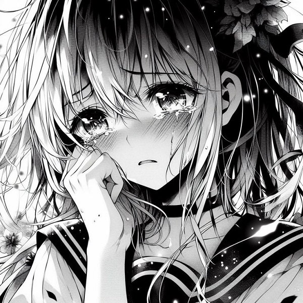 Cô gái anime đen trắng mái tóc dài che một bên mắt, biểu cảm buồn.