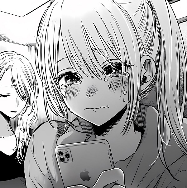 Cô gái anime đen trắng tay đặt lên má, mắt ướt.