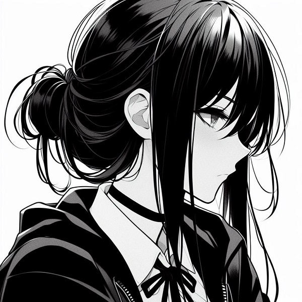 Cô gái anime đen trắng tóc búi cao, đôi mắt trầm buồn.