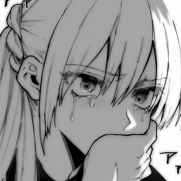 Cô gái anime đen trắng nhìn xuống, tóc che một mắt.
