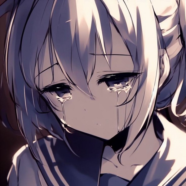 Sad girl anime tóc vàng xõa, mắt đỏ hoe trong ánh sáng tím.