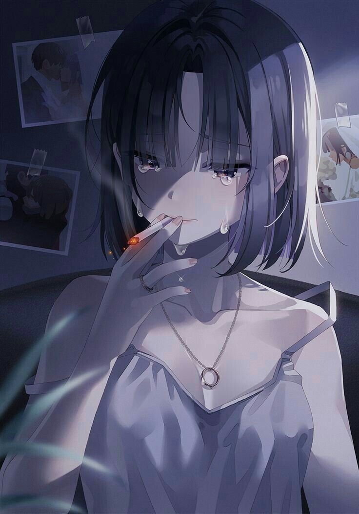 Sad girl anime quỳ trong ánh sáng mờ, vẻ mặt cô đơn.