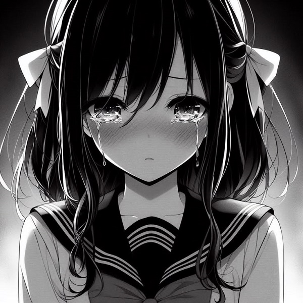 Sad girl anime gục đầu xuống, tóc che nửa mặt.