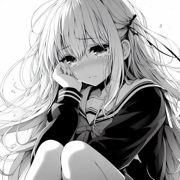 Cô gái anime tóc xoăn đen trắng nhìn xuống đầy mệt mỏi.