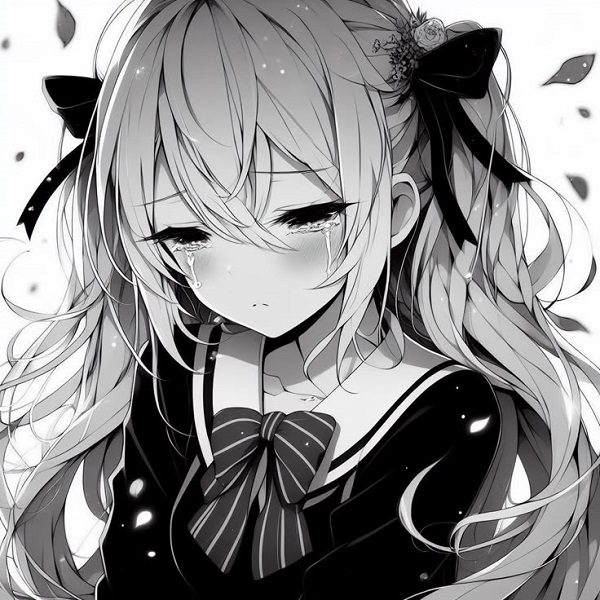 Sad girl anime tóc dài buộc lệch, đôi mắt ngấn lệ.