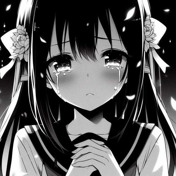 Cô gái anime đen trắng cúi mặt, gò má đỏ buồn bã.