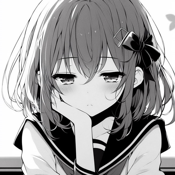 Cô gái anime tựa vào tay, đôi mắt vô hồn.